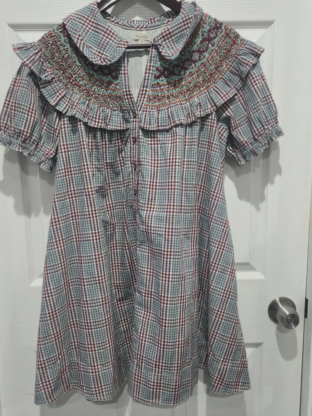 Pilcro Anthropologie Smocked Plaid Babydoll Mini Dress Ruffle Collar Puff Sleeve
